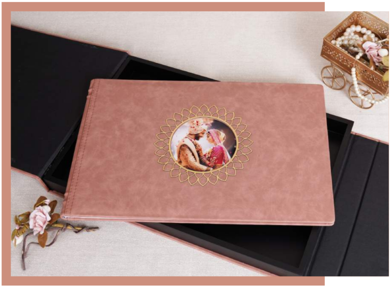 Luxury leather photo album with personalized photo cover and decorative gold frame, presented with a premium keepsake box.