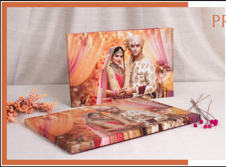 Custom wedding photo album with premium lay-flat binding, featuring a beautifully designed Indian wedding cover in a handcrafted presentation style