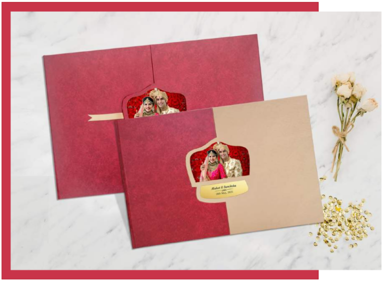 Heritage Majesty royalty wedding album with custom window cover design featuring bride and groom portrait, displayed in elegant red and beige handcrafted finish by Crafted Memories.