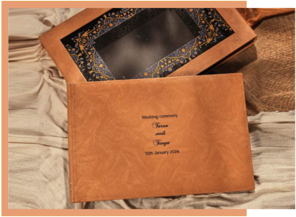 Luxe Royale Collection Mirage wedding album with personalized leather cover and matching window presentation box, handcrafted premium finish by Crafted Memories.