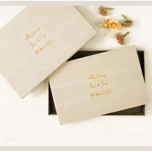 Luxury handcrafted photo album with personalized cover and matching presentation box, showcasing premium album design and elegant packaging.