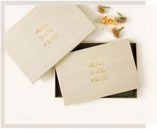 Luxury handcrafted photo album with personalized cover and matching presentation box, showcasing premium album design and elegant packaging.