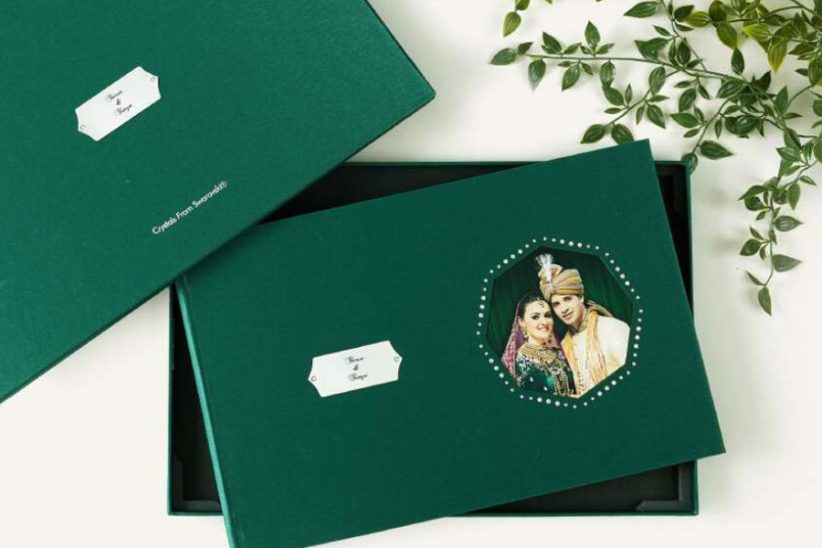 Handcrafted leather wedding photo album with elegant custom layout