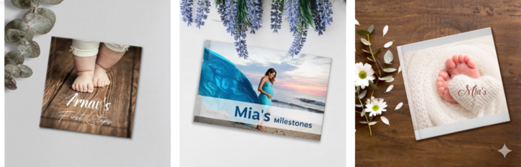 A collection of custom-designed heirloom photo books featuring "Arnav's First Steps" baby album, "Mia's Milestones" maternity book, and a professional family portrait layout.