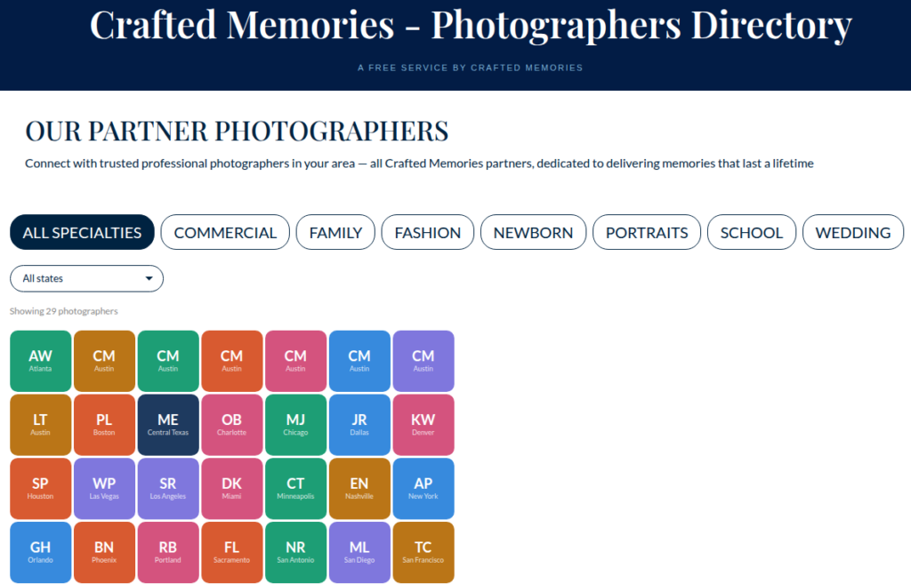 CraftedMemories photographers directory for professional photo album partners Central Texas