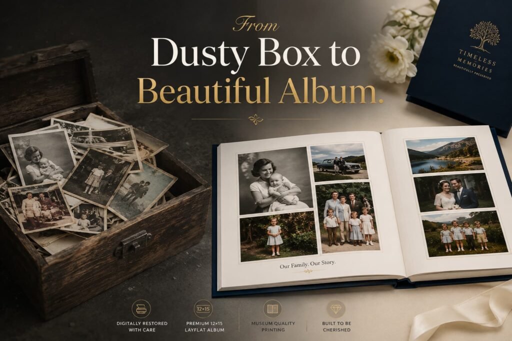 From dusty box to beautiful layflat album — CraftedMemories photo scanning and album printing service, Central Texas