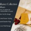Modern website header banner featuring the golden-yellow Mesmera leatherette album and its matching double-flap presentation box with high-gloss acrylic wedding image panels, presented with feature icons and clean text.