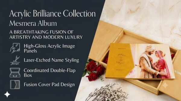 Modern website header banner featuring the golden-yellow Mesmera leatherette album and its matching double-flap presentation box with high-gloss acrylic wedding image panels, presented with feature icons and clean text.