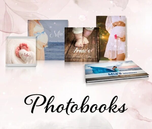 Handcrafted Custom Photo Book by Crafted Memories 11 Heirloom photo book showcasing maternity and baby milestones, arranged artistically against a soft, pink watercolor background.
