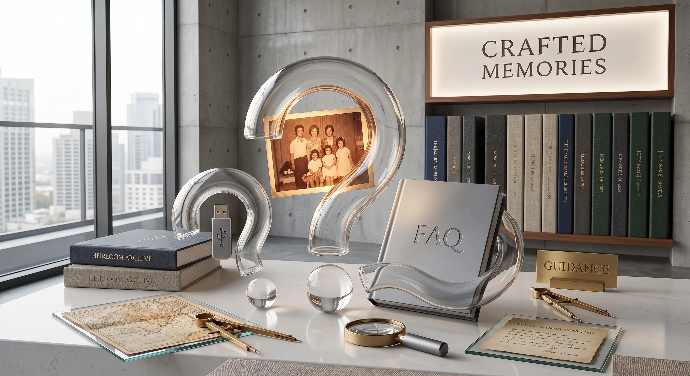 Photo album FAQ illustration: glass question marks framing a vintage family photo beside an FAQ book and a shelf of photo albums at Crafted Memories