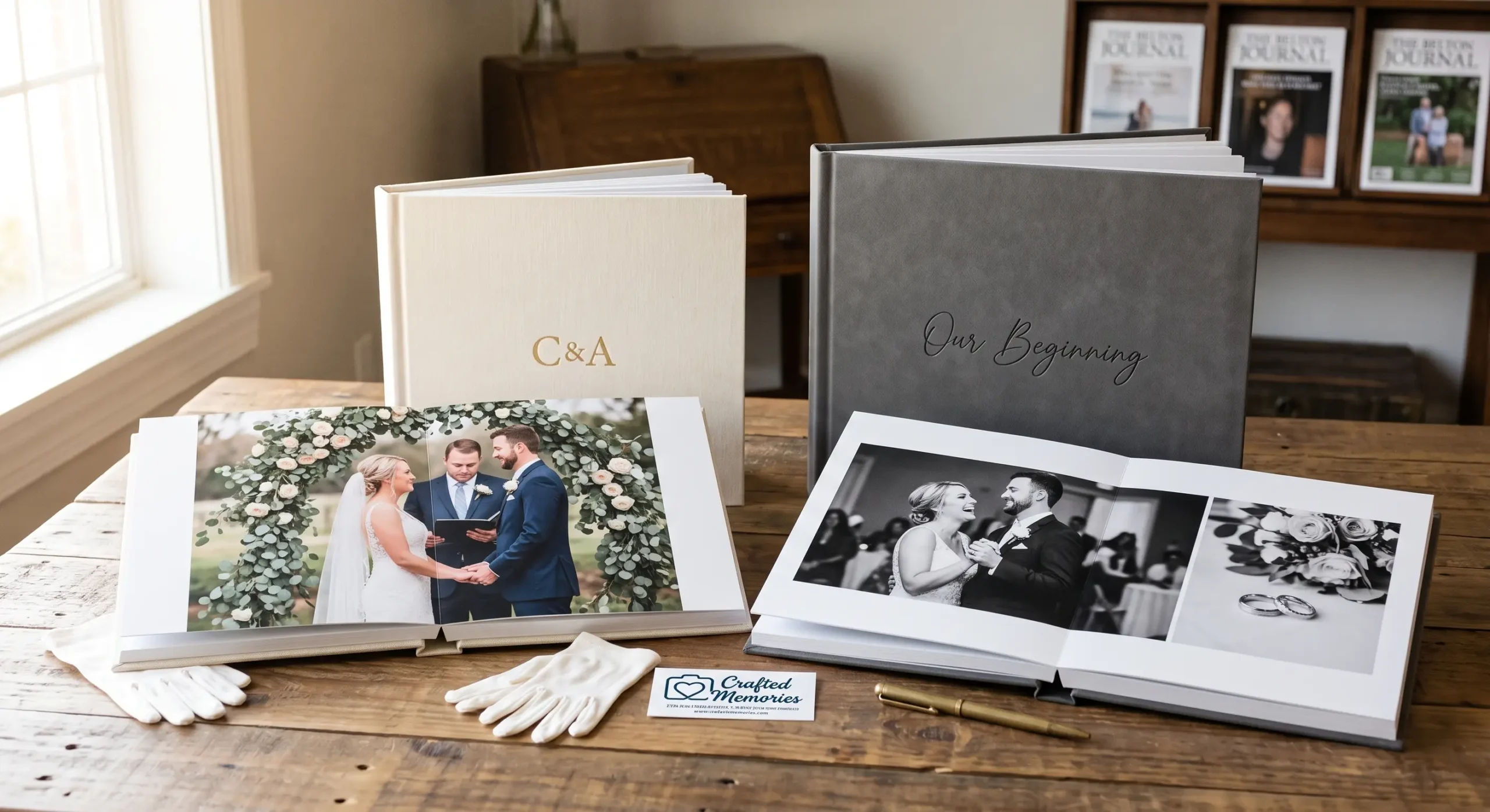 Bride holding wedding ring beside a custom layflat photo album by Crafted Memories