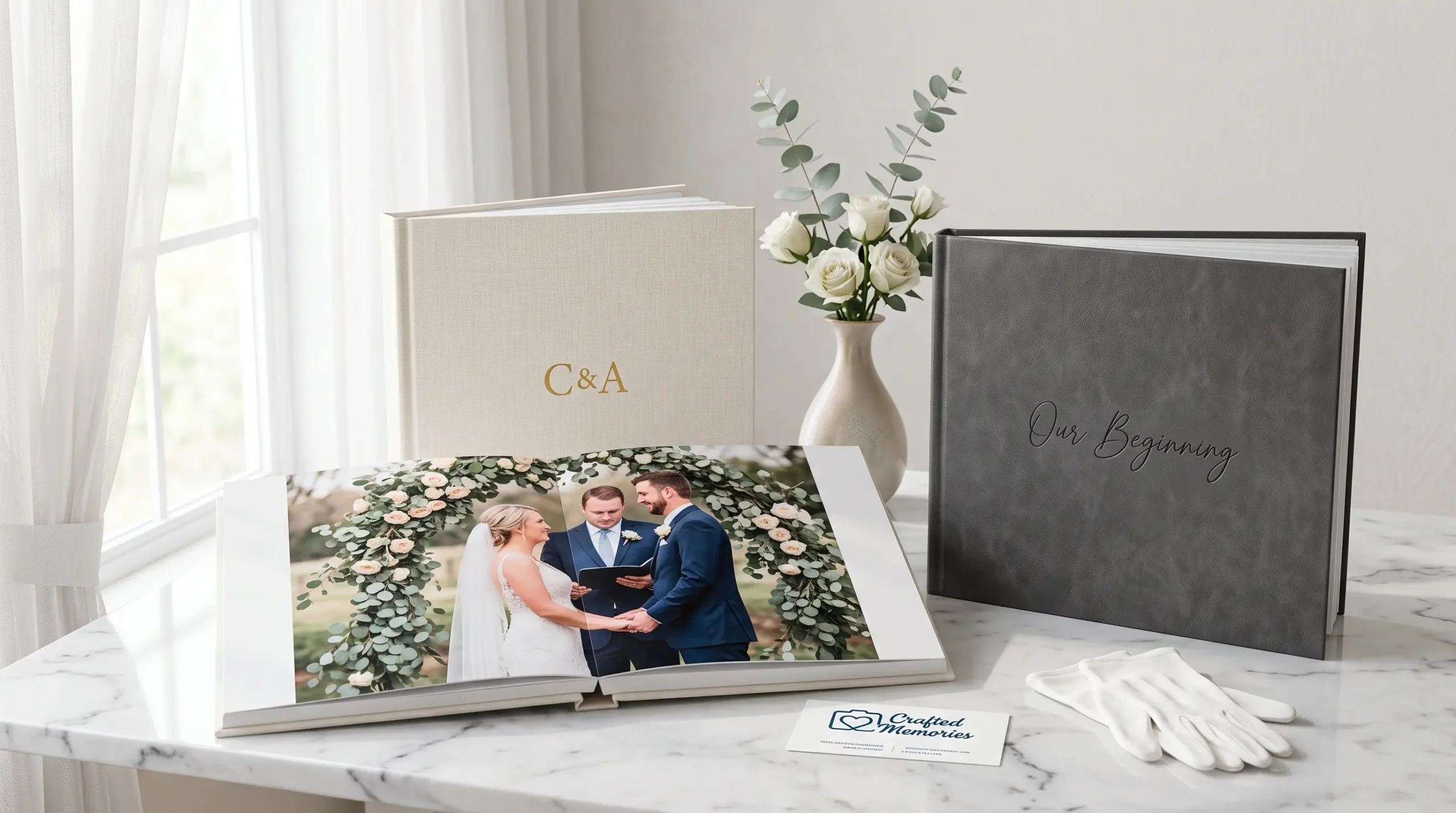 Crafted Memories photo album printing services, handcrafted layflat albums from our Central Texas studio