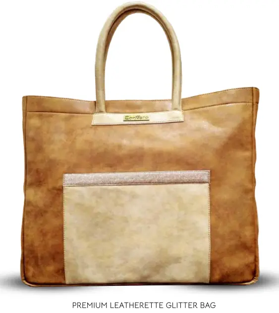 Premium tan leatherette tote bag with glitter finish and front pocket