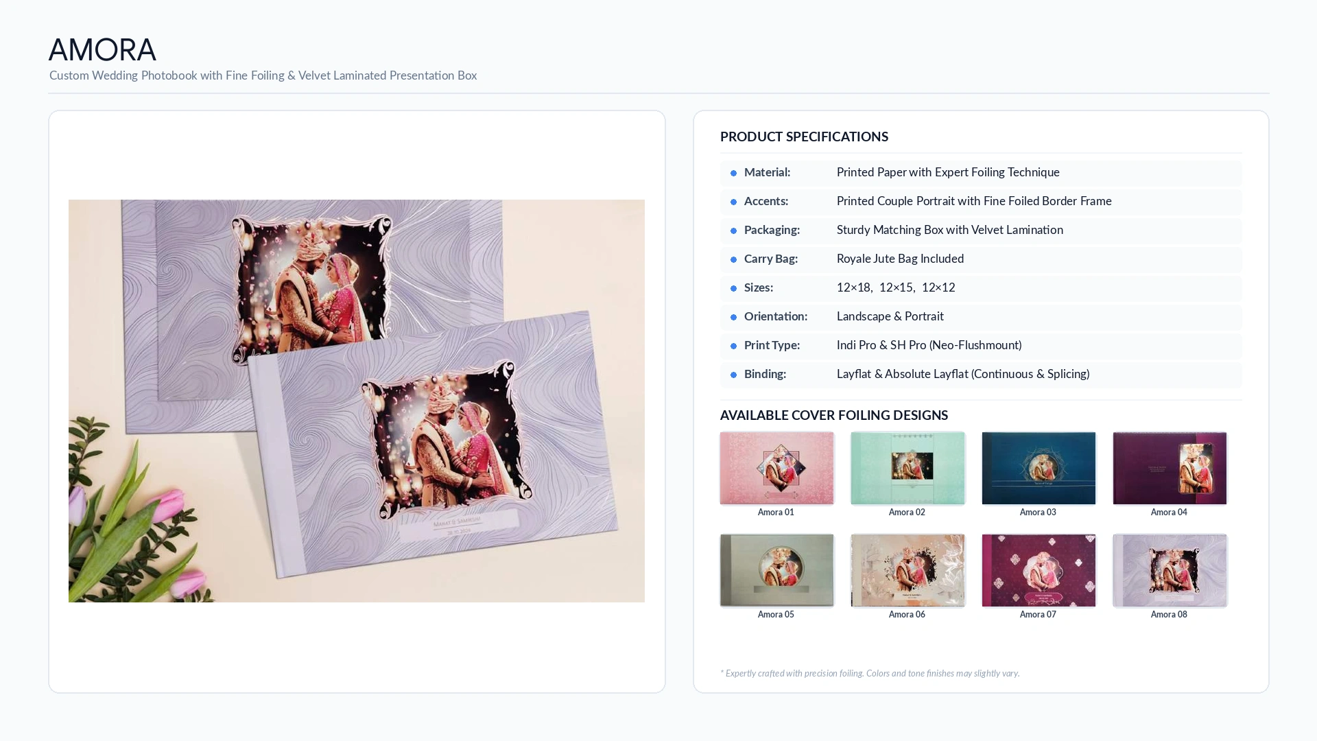 Amora custom wedding album with foiled portrait frame, velvet laminated box, specifications and eight foiling designs