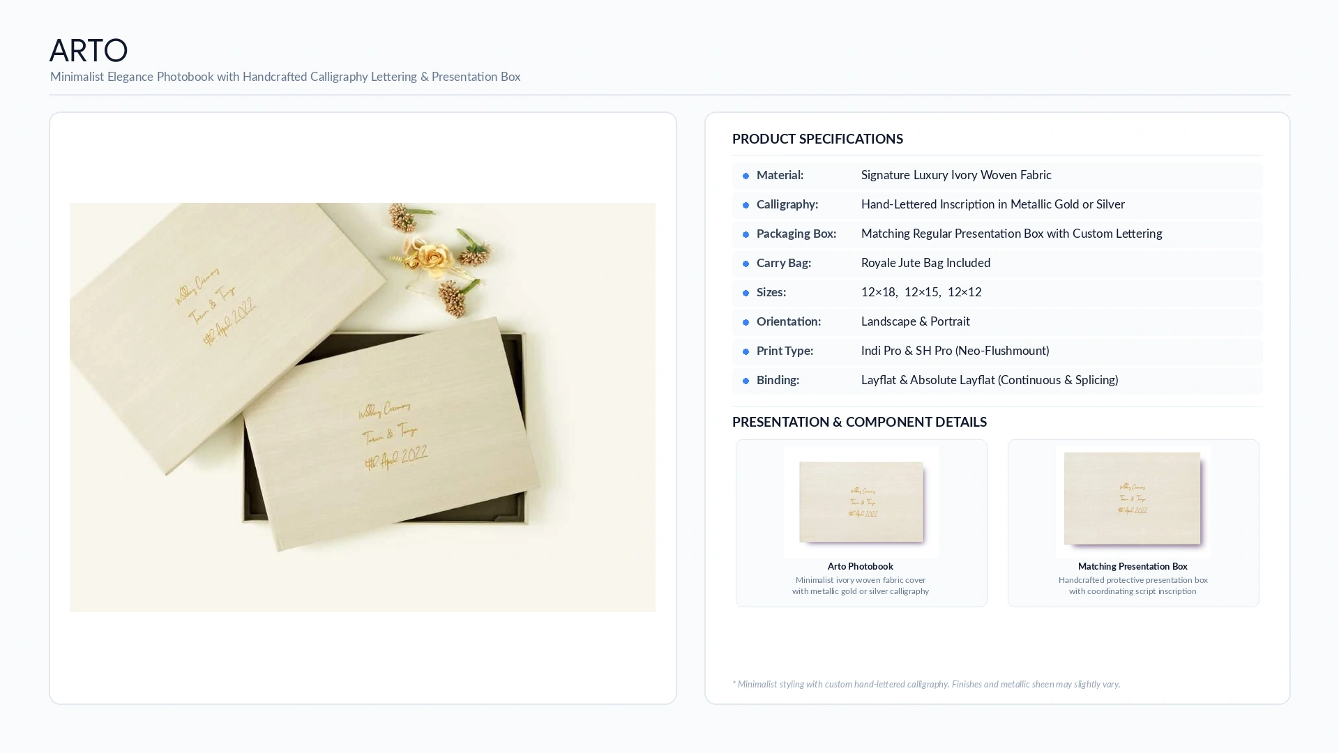 Arto ivory woven fabric wedding album with hand-lettered gold calligraphy, matching presentation box and specifications