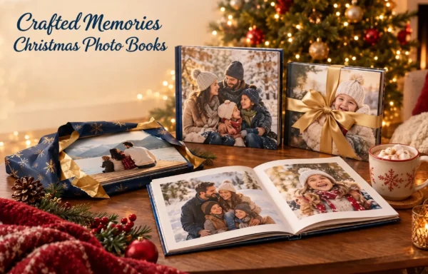 Photo Book, Custom and Handcrafted by Crafted Memories 2 Crafted Memories Christmas photobooks arranged on a wooden table beside wrapped gifts, a holiday mug with marshmallows, pine branches, and a glowing Christmas tree in the background.