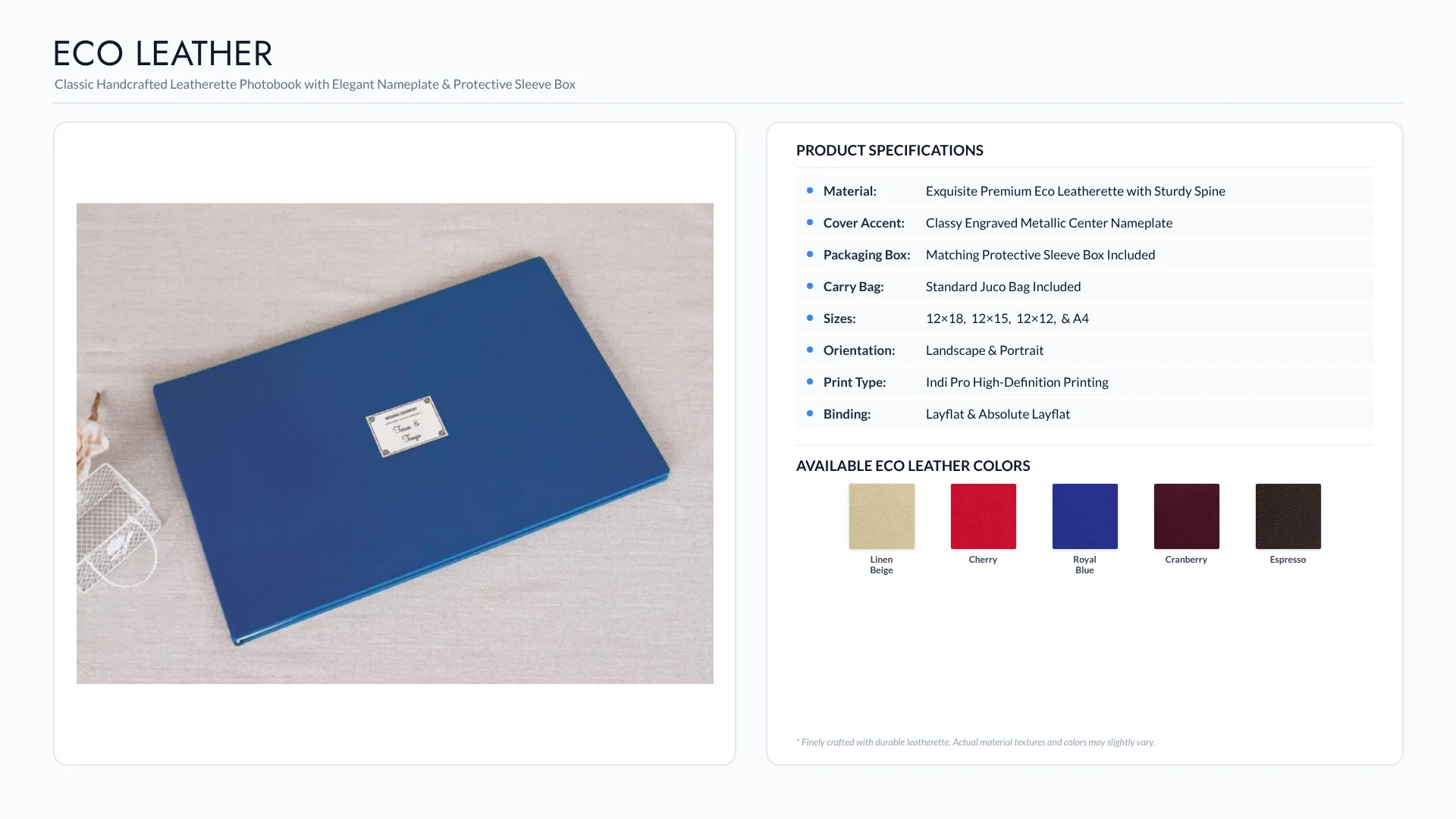 Eco Leather royal blue wedding album with engraved nameplate, sleeve box, specifications and five leatherette colors