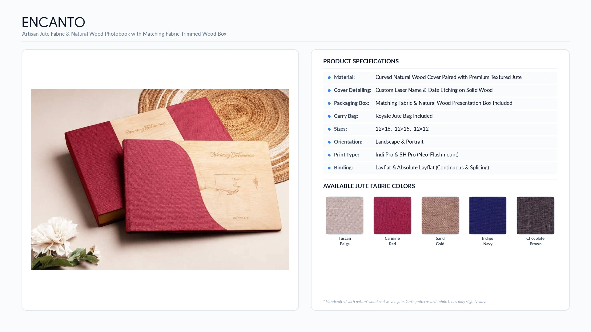 luxury wedding albums 55 Encanto curved natural wood and jute wedding album with laser-etched names, wood box and five jute fabric colors