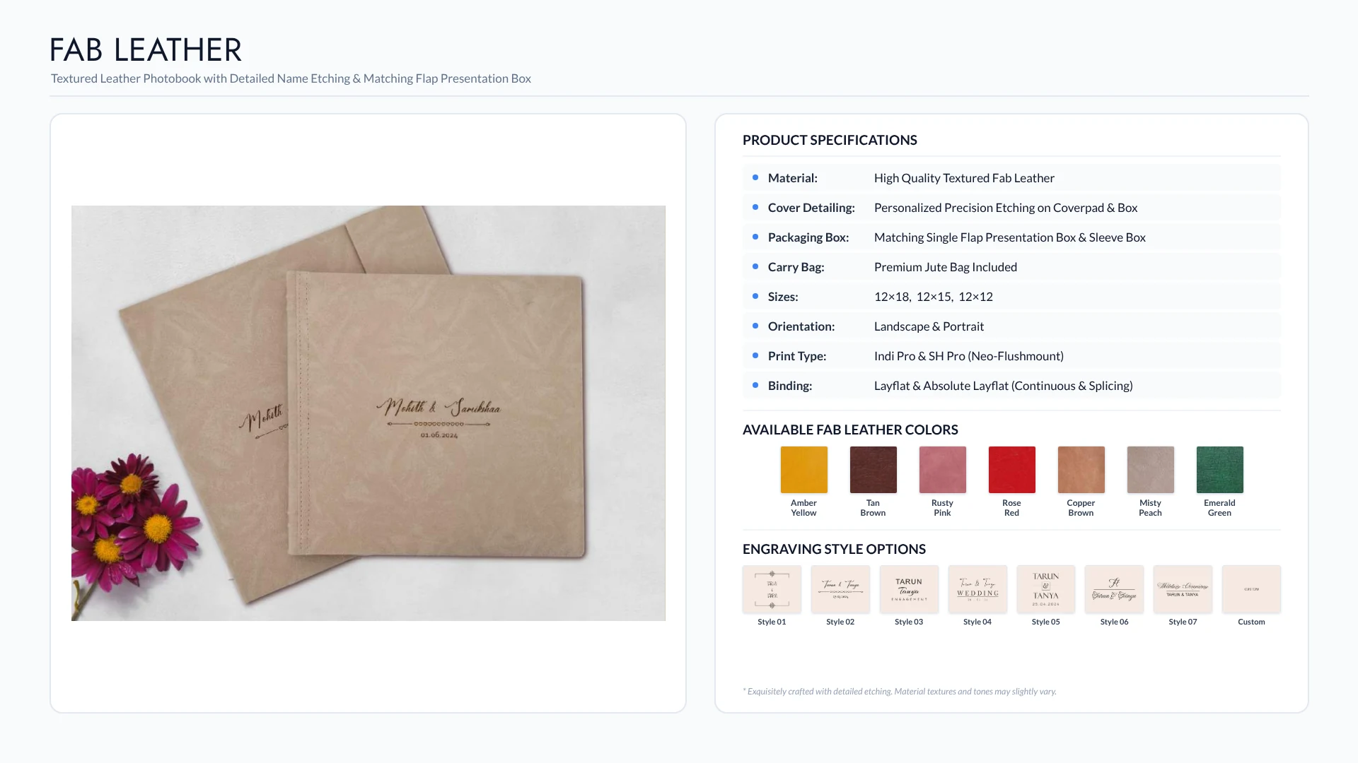 luxury wedding albums 3 Fab Leather textured wedding album with etched names, flap presentation box, seven leather colors and engraving styles