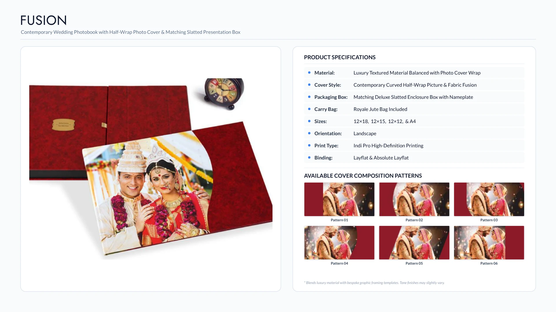 Fusion wedding album with curved half-wrap photo cover, slatted presentation box, specifications and six cover patterns