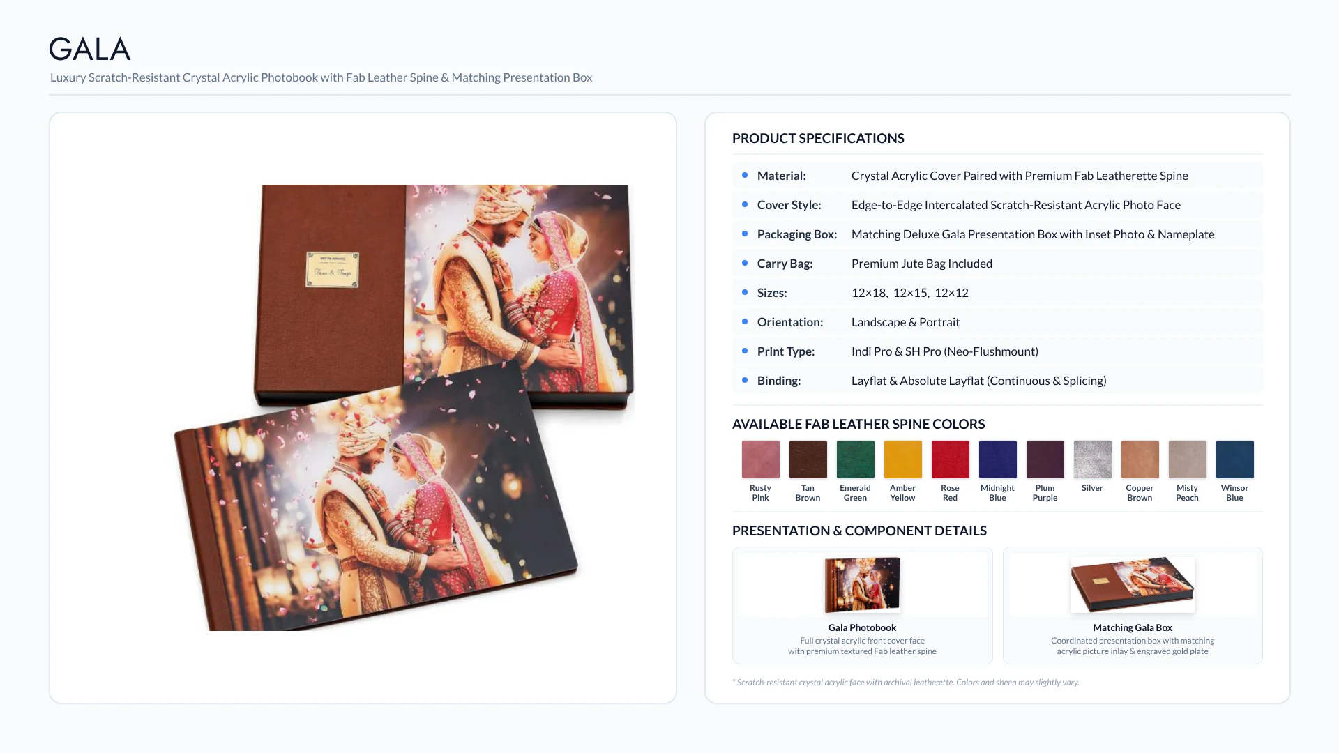 Gala crystal acrylic wedding album with leather spine, matching Gala presentation box and 11 spine color options