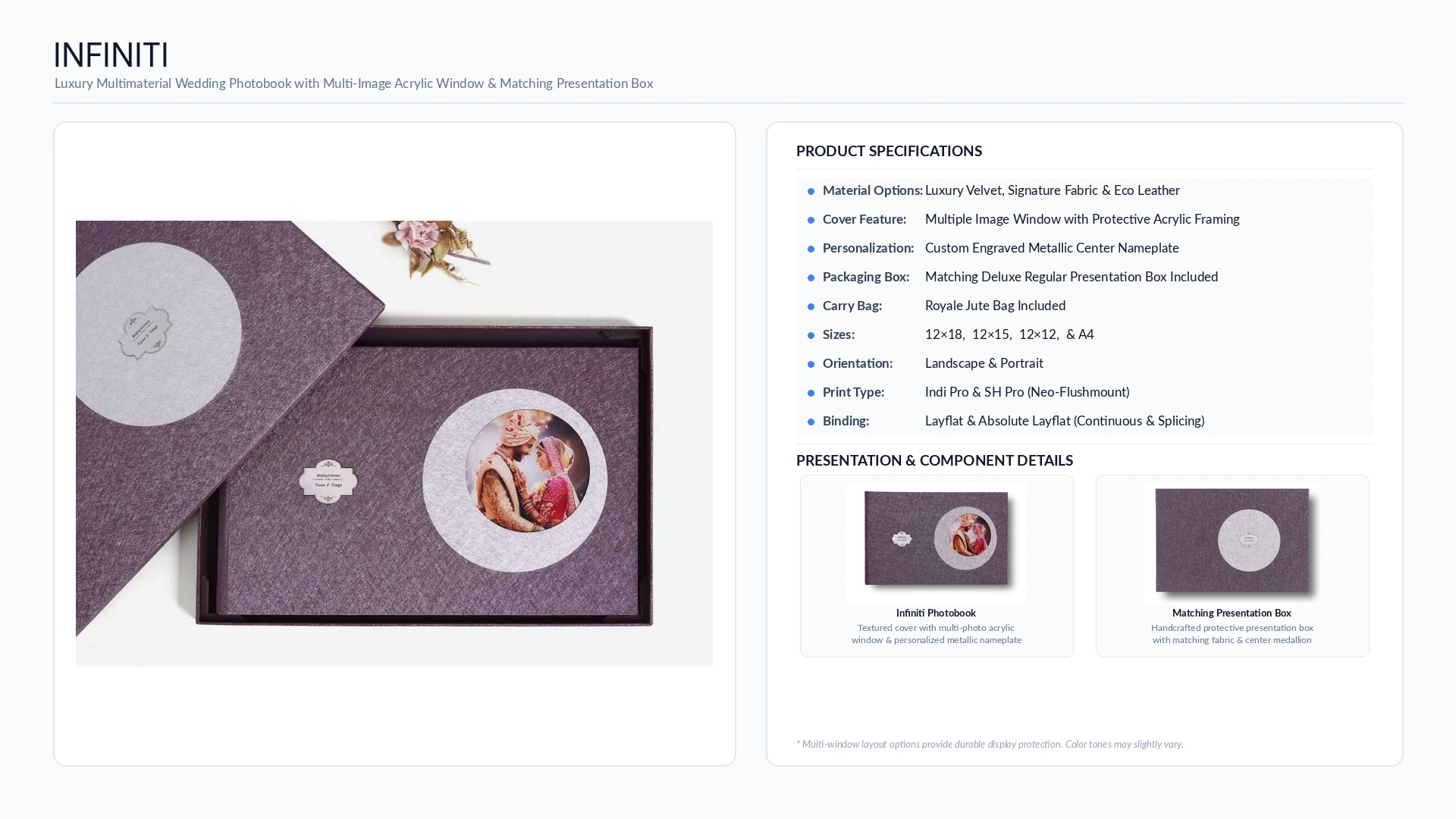 luxury wedding albums 27 Infiniti multi-material wedding album with acrylic photo window, engraved metallic nameplate and presentation box