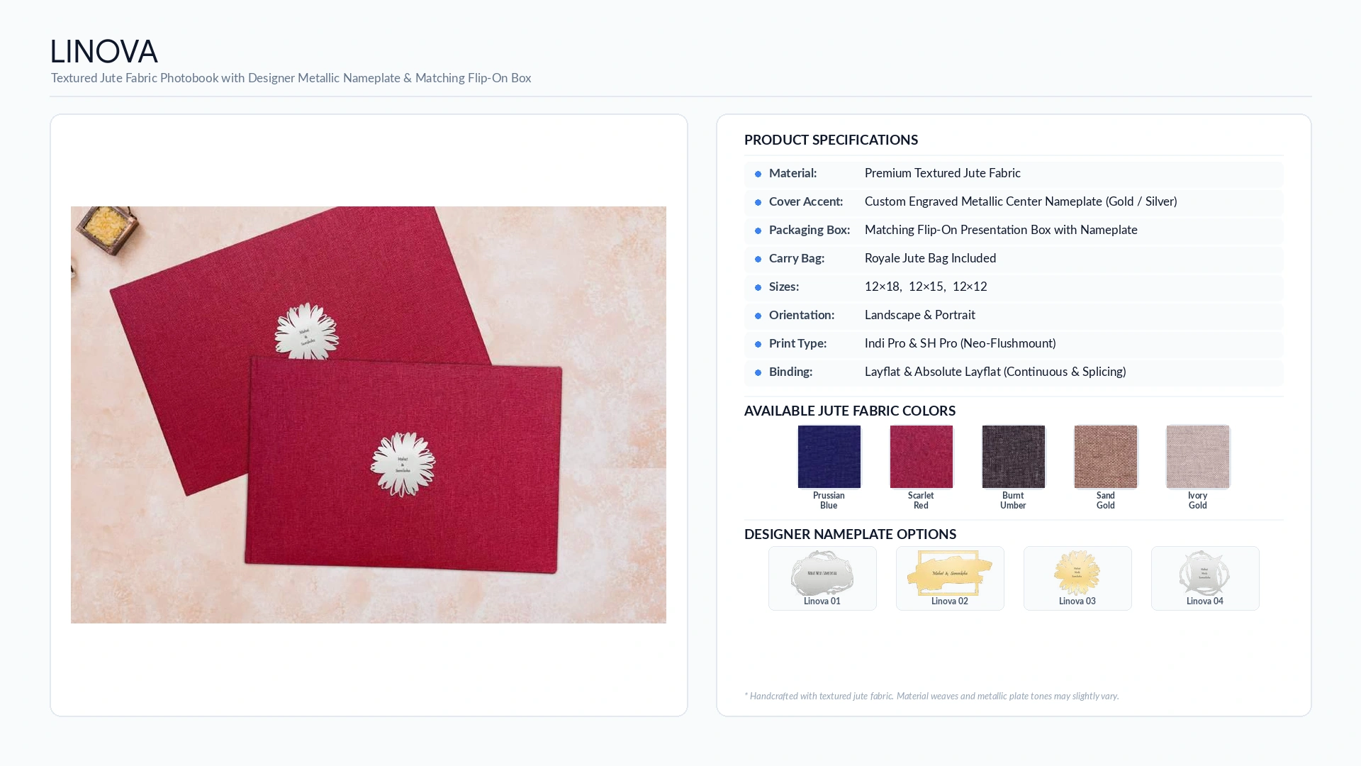 luxury wedding albums 43 Linova jute fabric wedding album with designer metallic nameplate, flip-on box, five jute colors and four nameplates