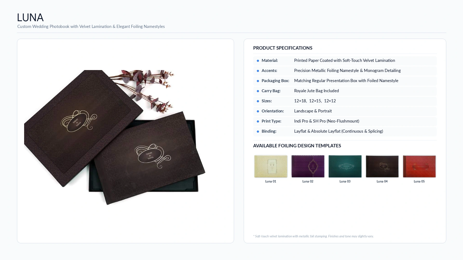luxury wedding albums 51 Luna velvet-laminated wedding album with metallic foil monogram, presentation box and five foiling design templates