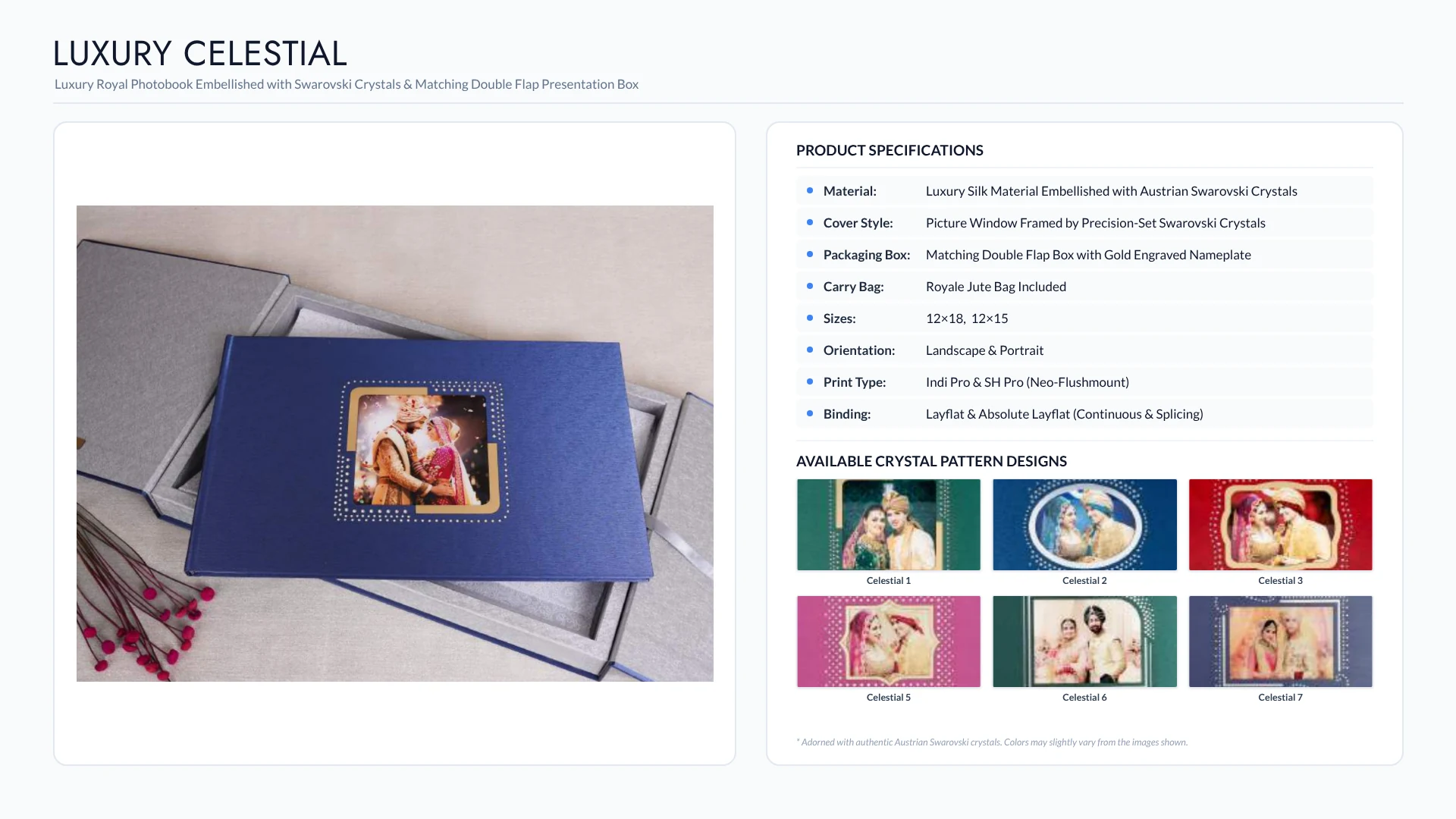 Luxury Celestial blue silk wedding album with Swarovski crystal photo window, double flap box and six crystal patterns