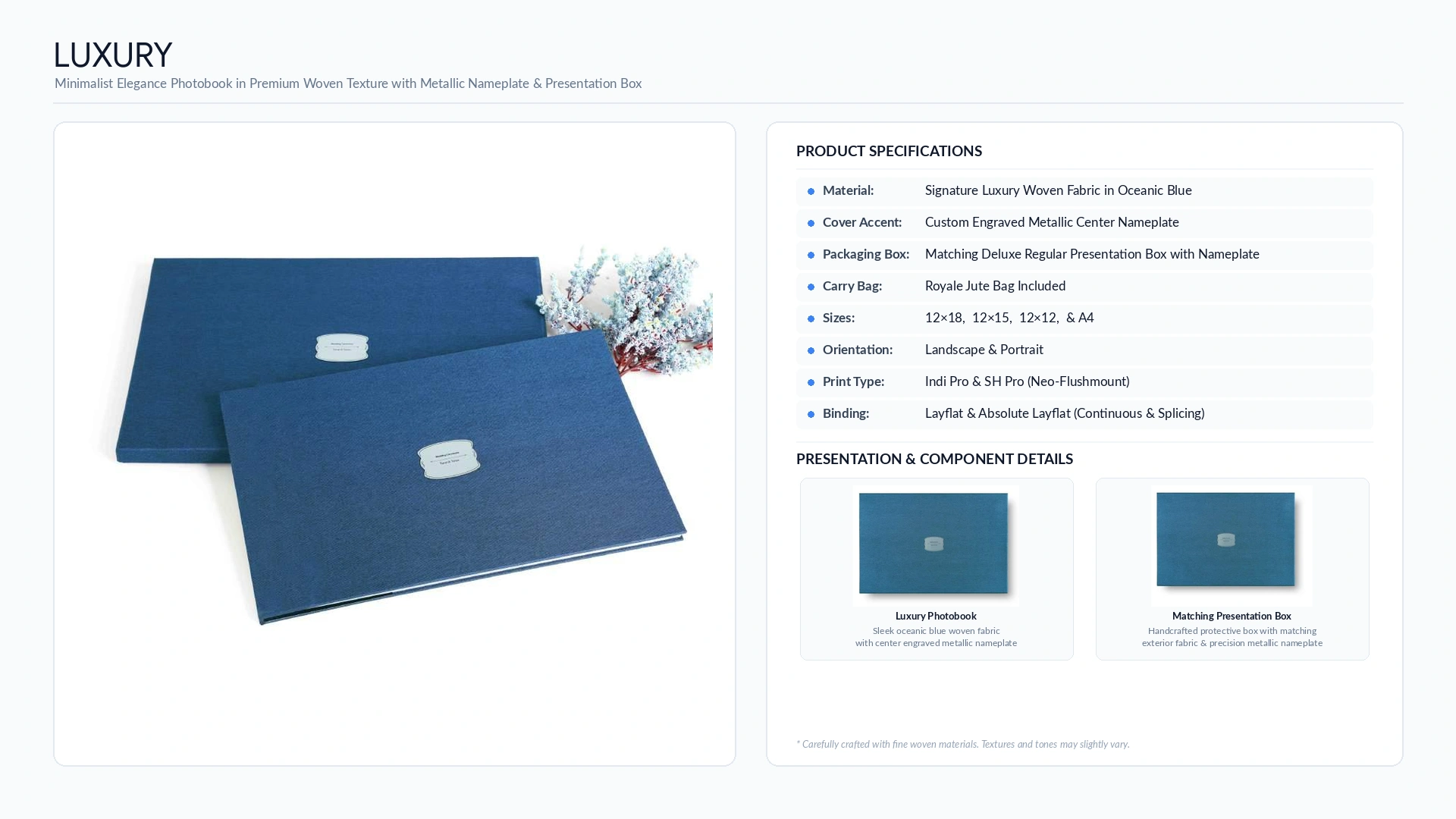 luxury wedding albums 33 Luxury oceanic blue woven fabric wedding album with engraved metallic nameplate and matching presentation box