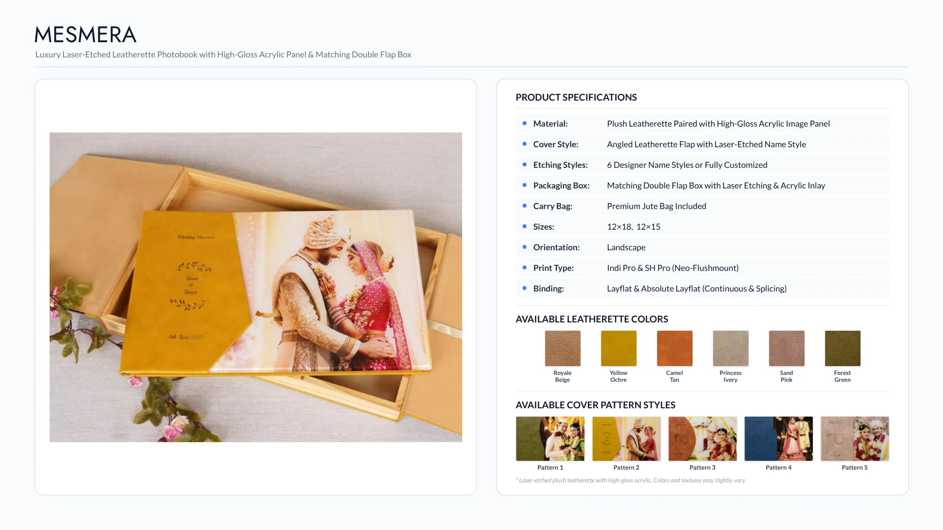 Mesmera leatherette wedding album with laser etching and acrylic photo panel, six leatherette colors and five patterns