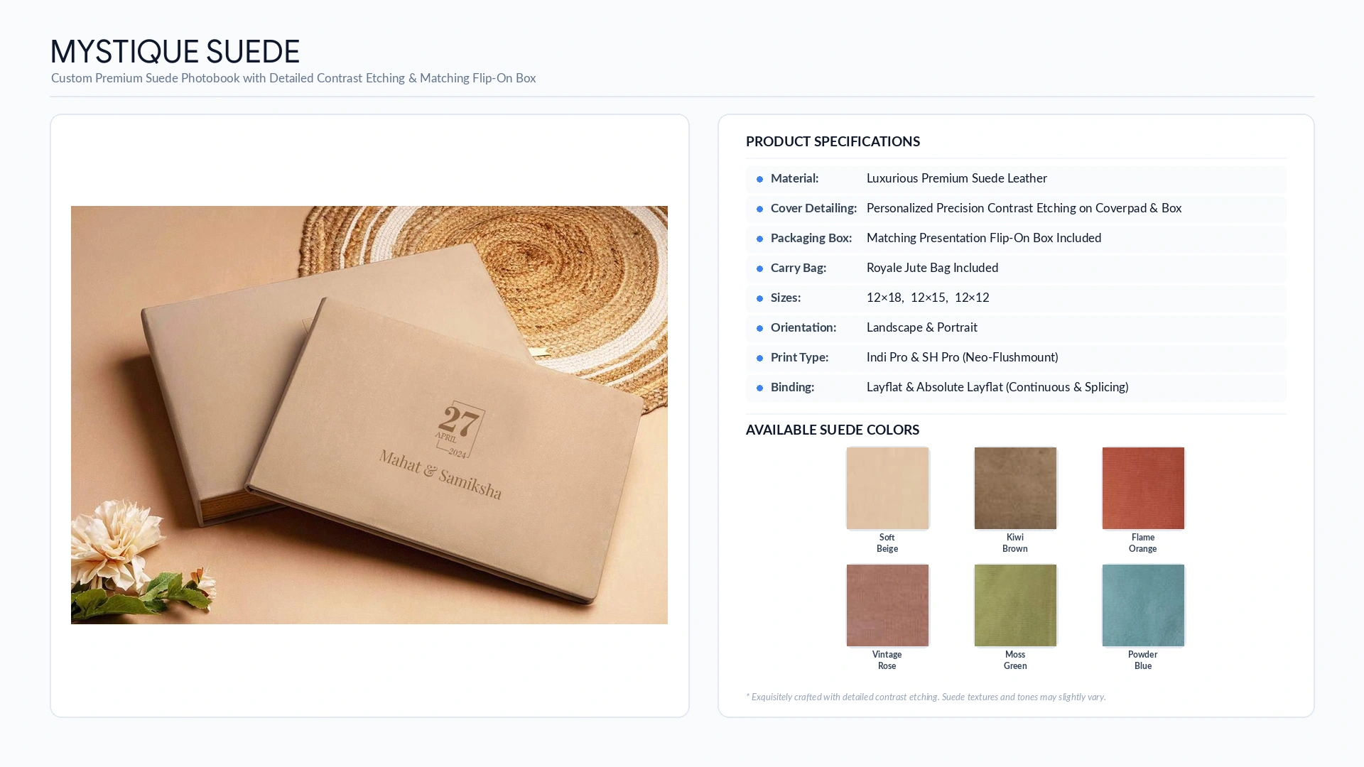 luxury wedding albums 13 Mystique Suede wedding album with contrast name and date etching, flip-on box and six suede leather colors