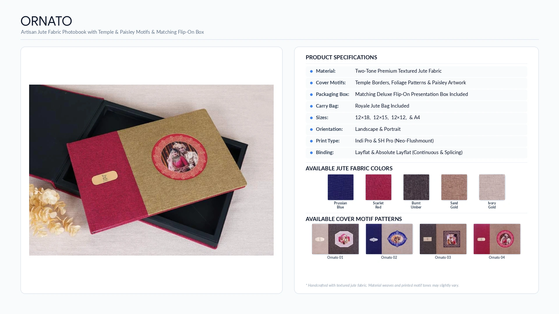 luxury wedding albums 45 Ornato two-tone jute wedding album with temple motif photo window, flip-on box, five jute colors and four motifs