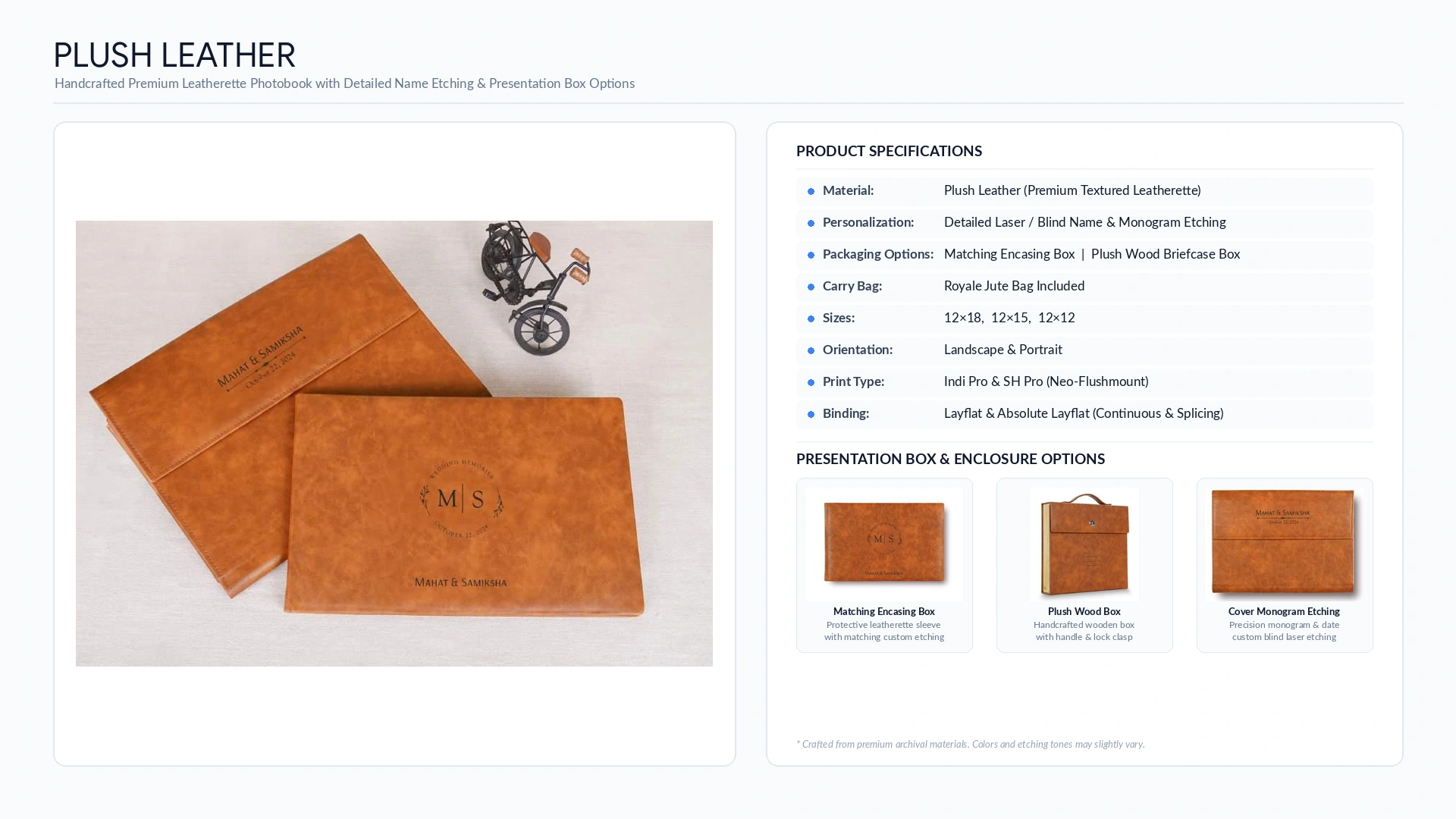 luxury wedding albums 15 Plush Leather tan wedding album with laser monogram etching, encasing box and plush wood briefcase box options