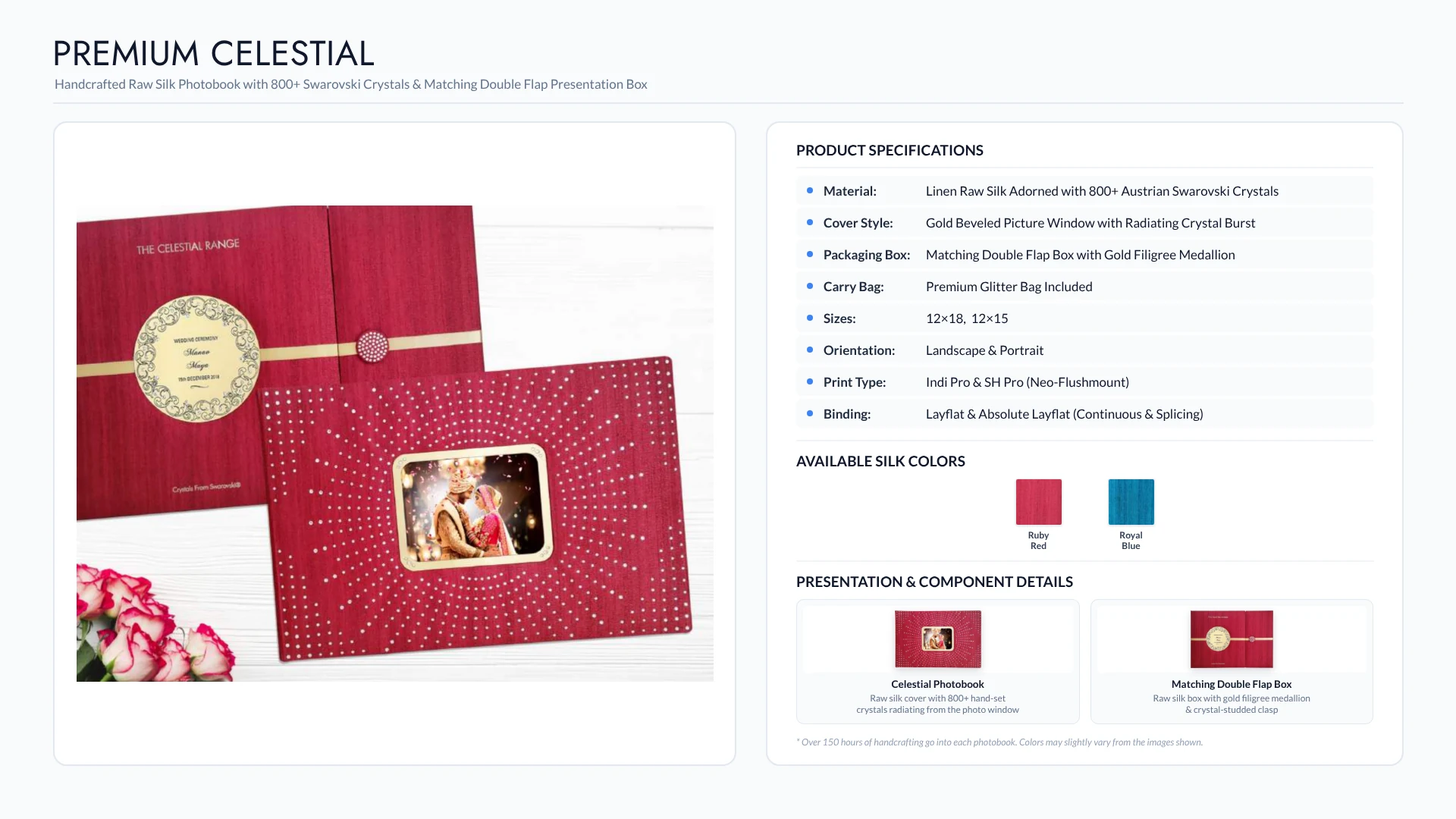 Premium Celestial raw silk wedding album with 800+ Swarovski crystals, double flap box, in ruby red and royal blue