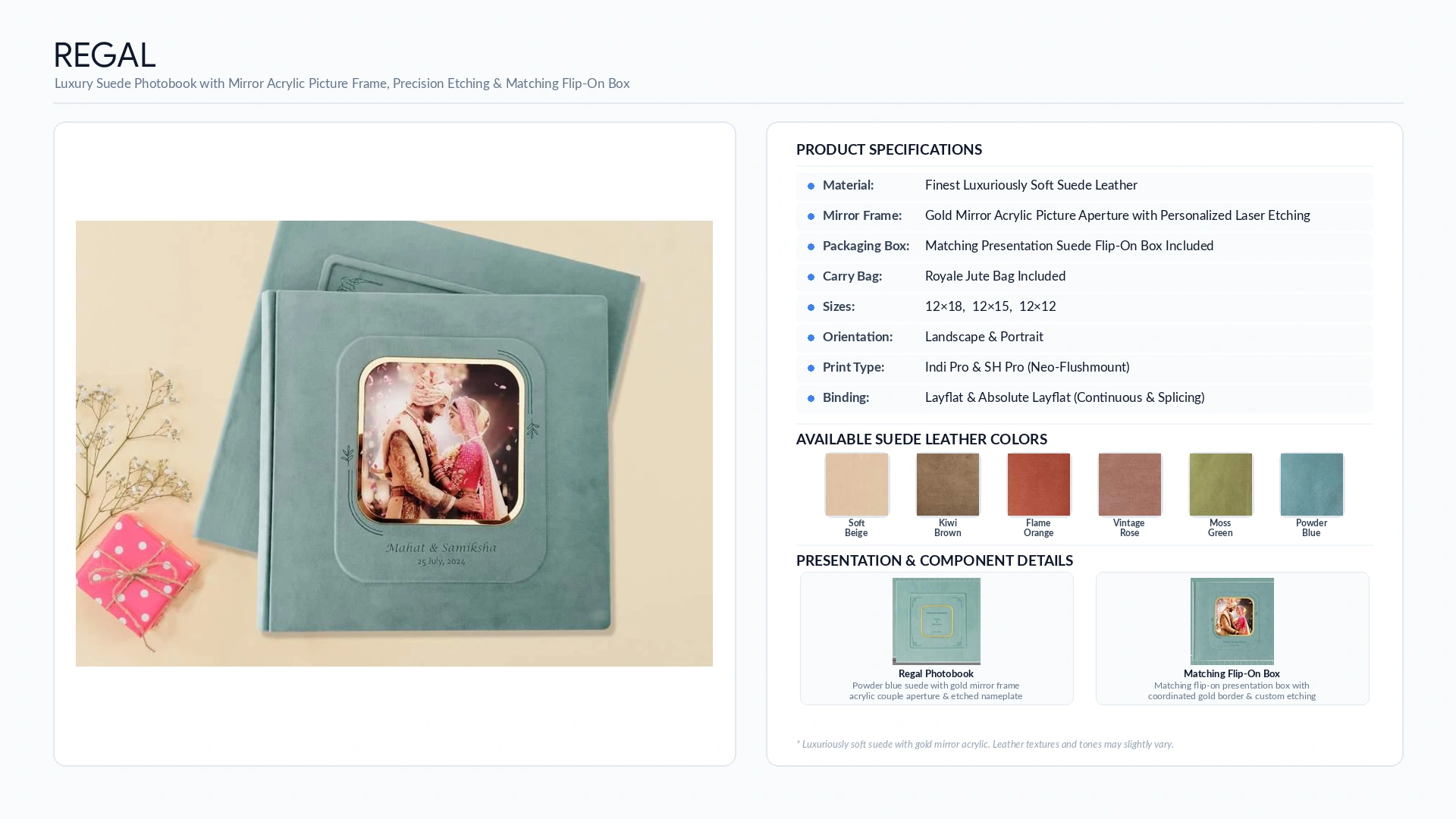 luxury wedding albums 17 Regal powder blue suede wedding album with gold mirror acrylic photo frame, flip-on box and six suede colors