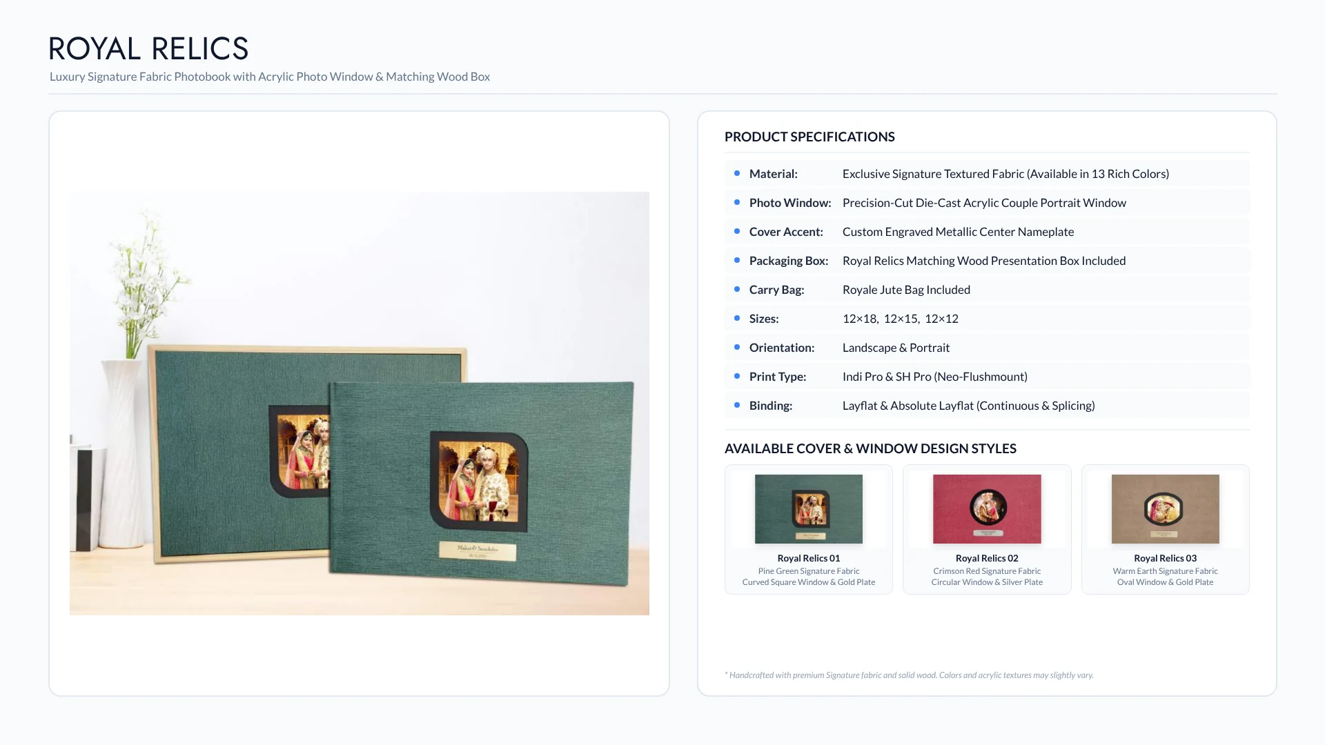 luxury wedding albums 35 Royal Relics signature fabric wedding album with acrylic photo window, matching wood box and three design styles