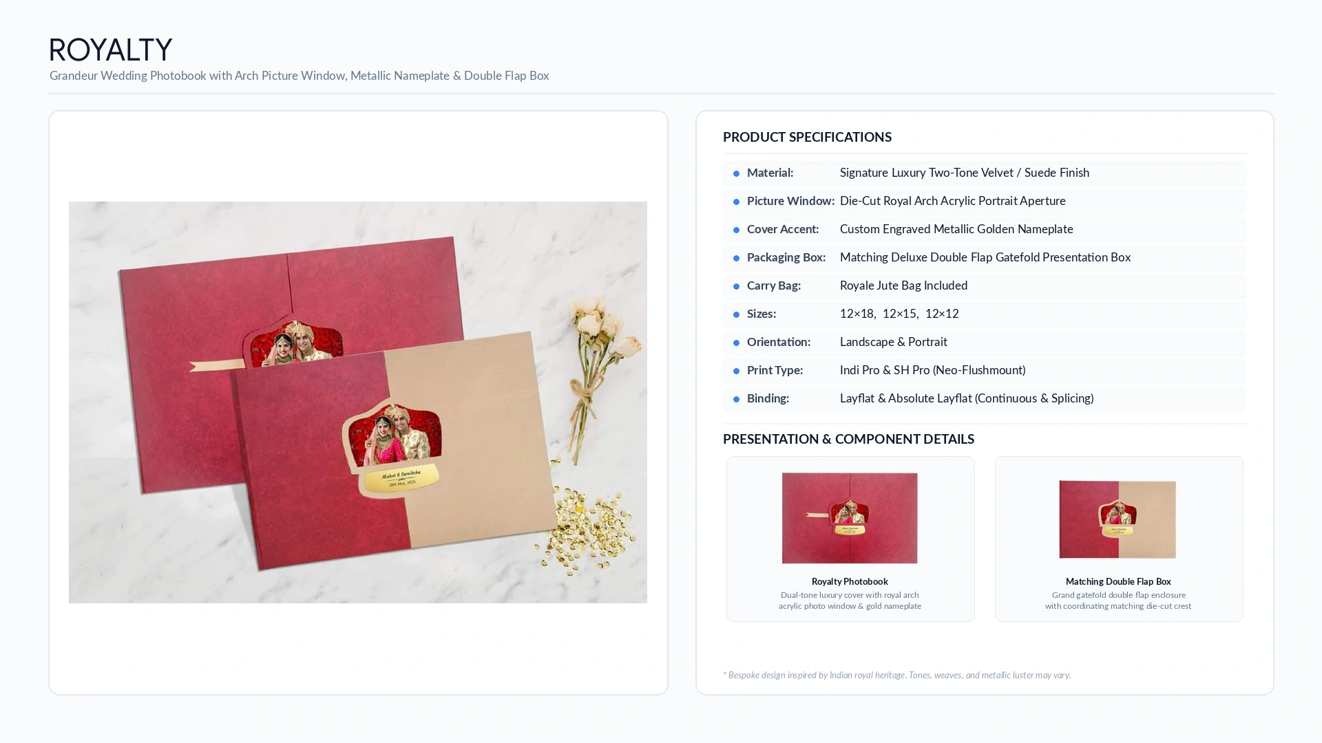 Royalty two-tone velvet wedding album with royal arch acrylic photo window, gold nameplate and double flap box