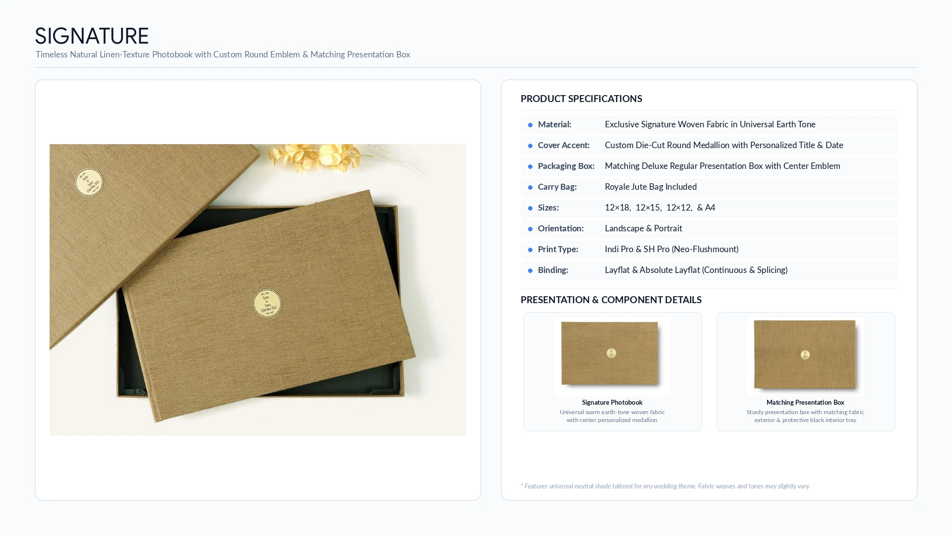 luxury wedding albums 31 Signature earth-tone linen wedding album with personalized round medallion and matching presentation box