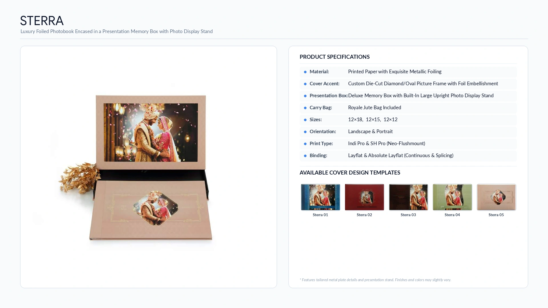 Sterra foiled wedding album with diamond photo frame, memory box with photo display stand and five cover designs