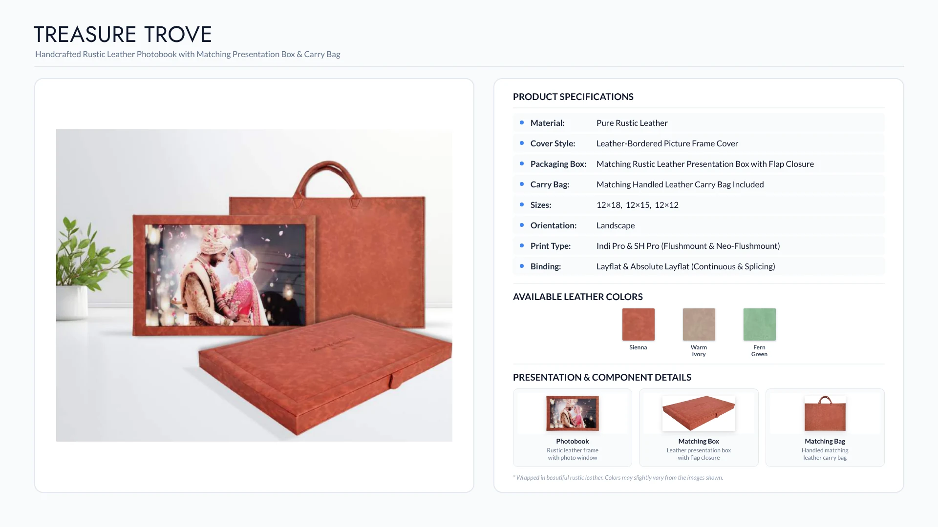 luxury wedding albums 19 Treasure Trove rustic leather wedding album with photo frame cover, matching box, carry bag and three colors