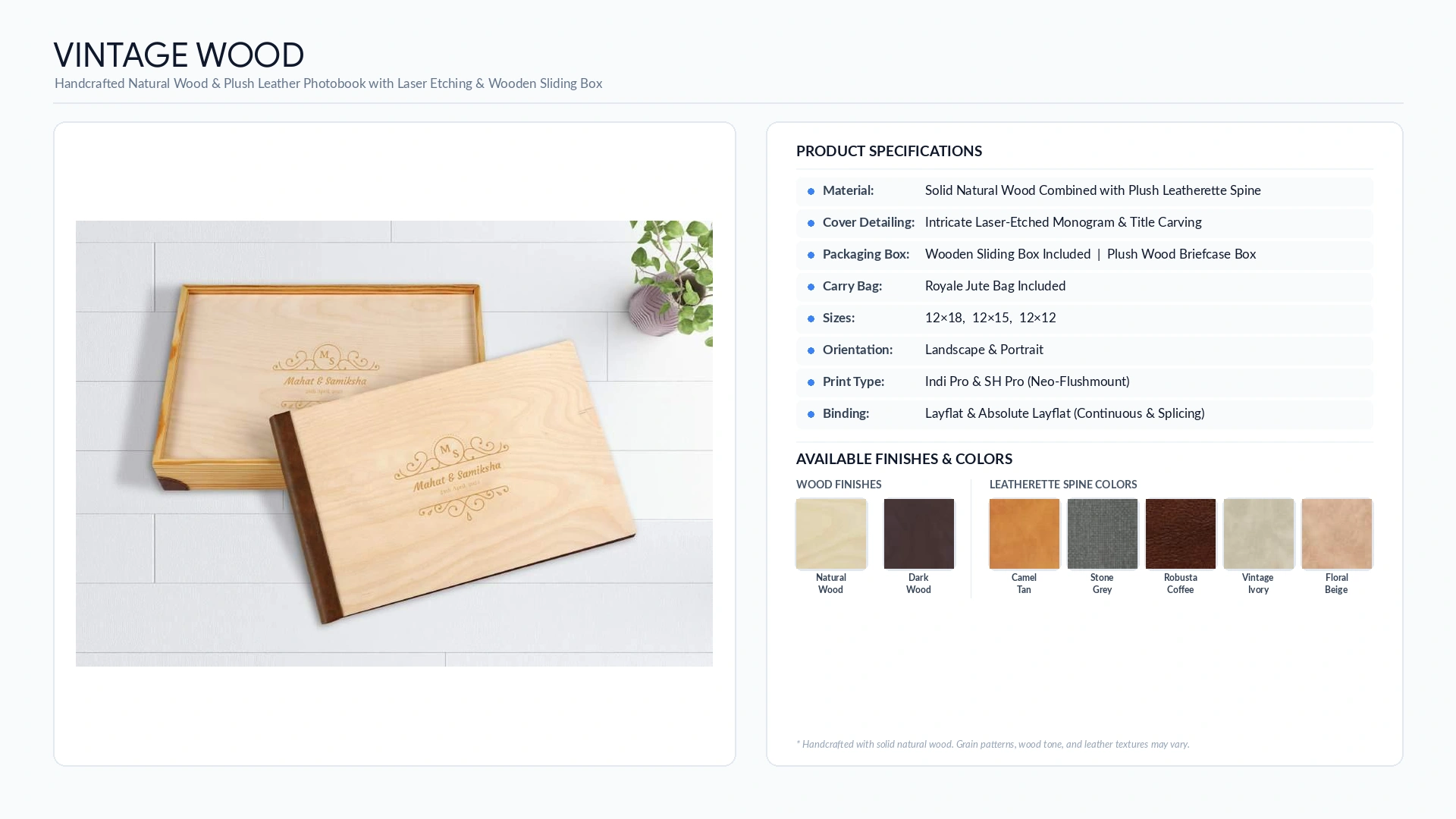 Vintage Wood natural wood wedding album with laser-etched monogram, leatherette spine and wooden sliding box